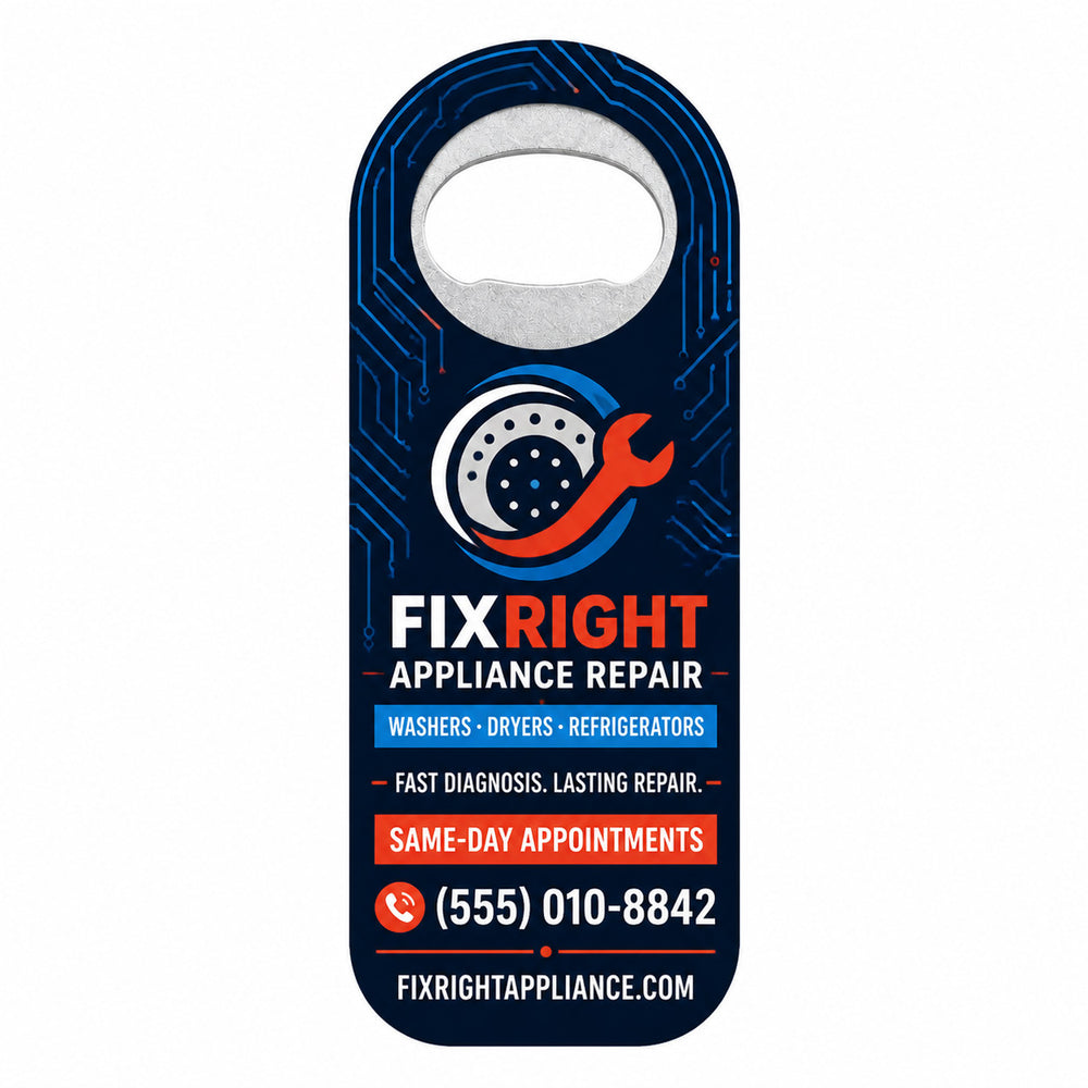 Appliance Repair custom logo bottle opener magnet - front view of the printed promotional magnet