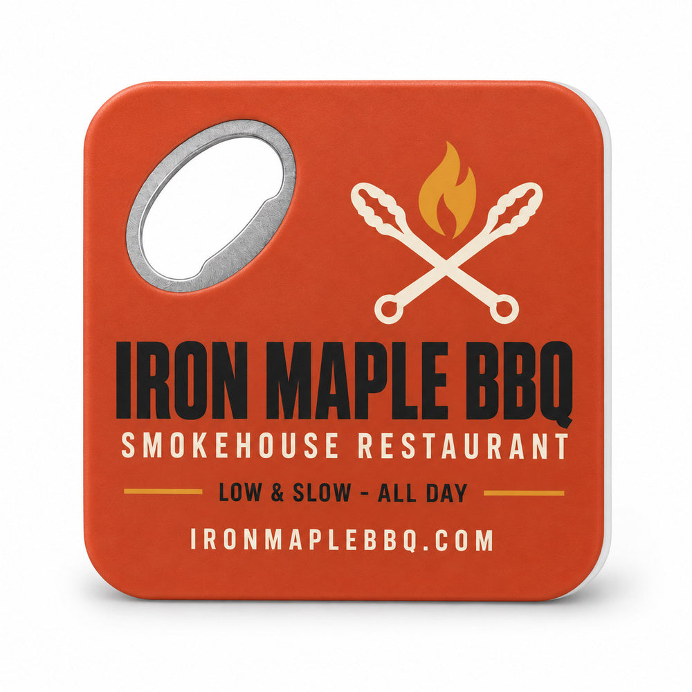 Barbecue Restaurant custom logo bottle opener magnet - front view of the printed promotional magnet