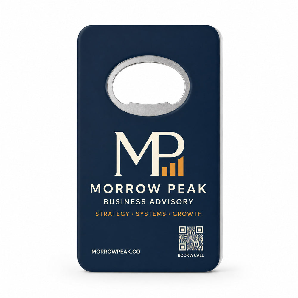 Business Consultant custom logo bottle opener magnet - front view of the printed promotional magnet