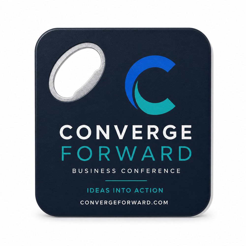 Conference Branded custom logo bottle opener magnet - front view of the printed promotional magnet