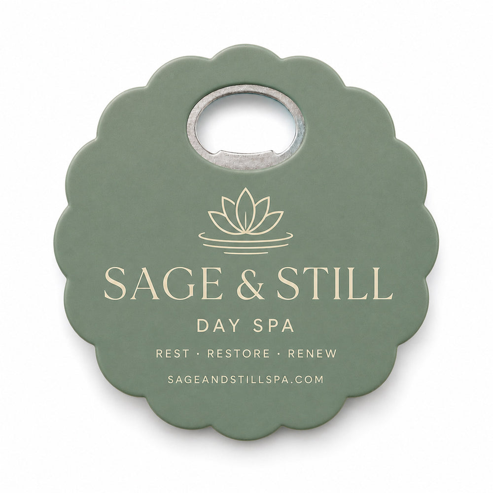 Day Spa custom logo bottle opener magnet - front view of the printed promotional magnet