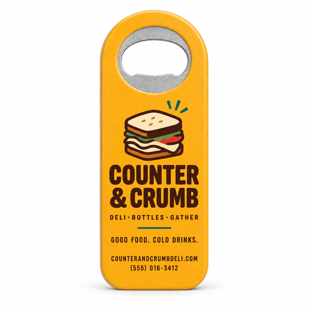 Deli custom logo bottle opener magnet - front view of the printed promotional magnet