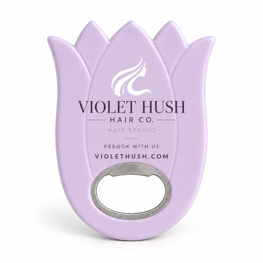 Hair Salon Promotional custom logo bottle opener magnet - front view of the printed promotional magnet