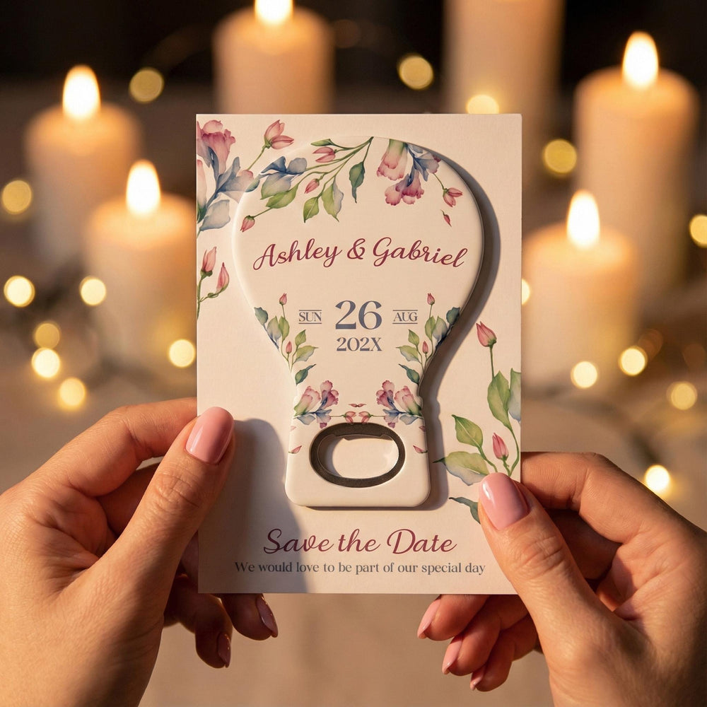Floral Watercolor save the date bottle opener magnet — featured product view