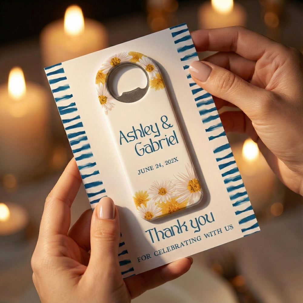 Navy Daisy wedding bottle opener magnet — featured product view