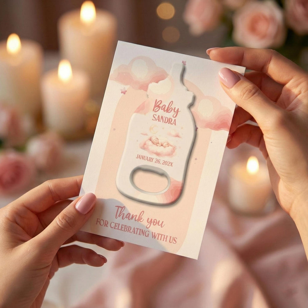 Pink Clouds baby shower bottle opener magnet — featured product view