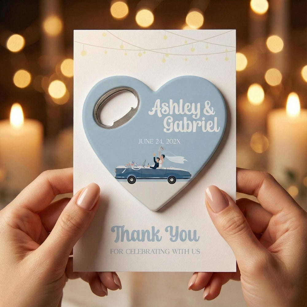 Just Married Heart Powder Blue wedding bottle opener magnet — featured product view