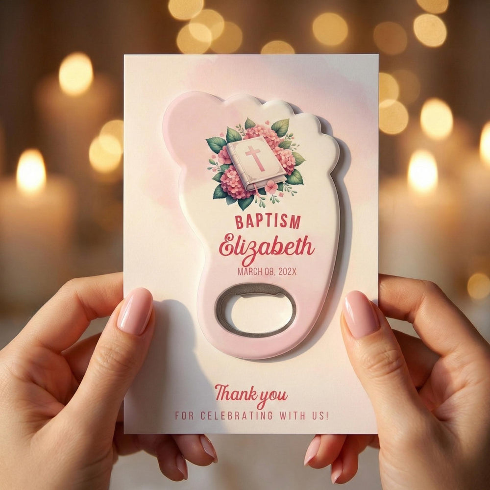 Pink Floral Bible baptism bottle opener magnet — featured product view