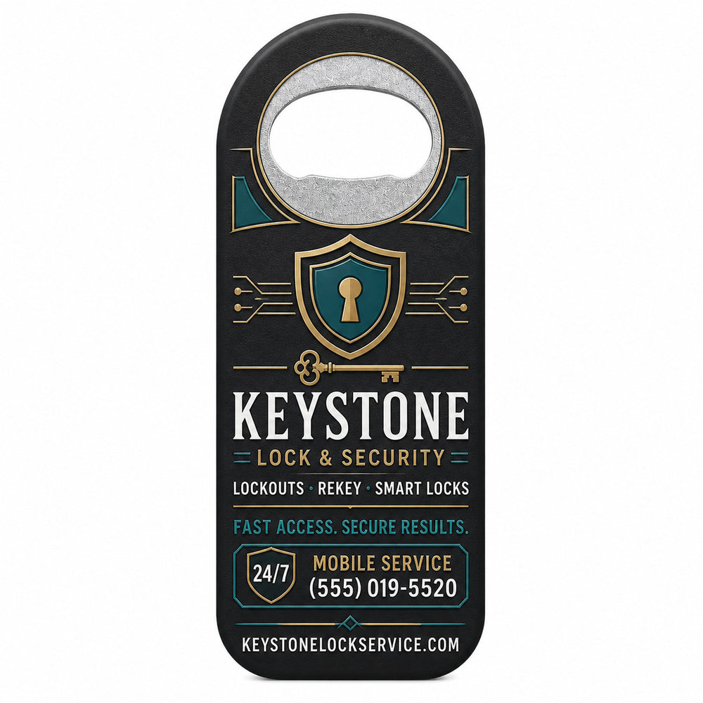Locksmith custom logo bottle opener magnet - front view of the printed promotional magnet