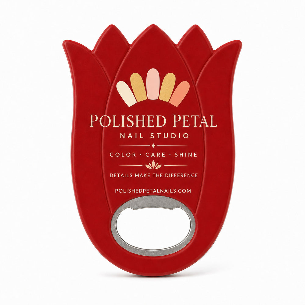 Nail Salon custom logo bottle opener magnet - front view of the printed promotional magnet