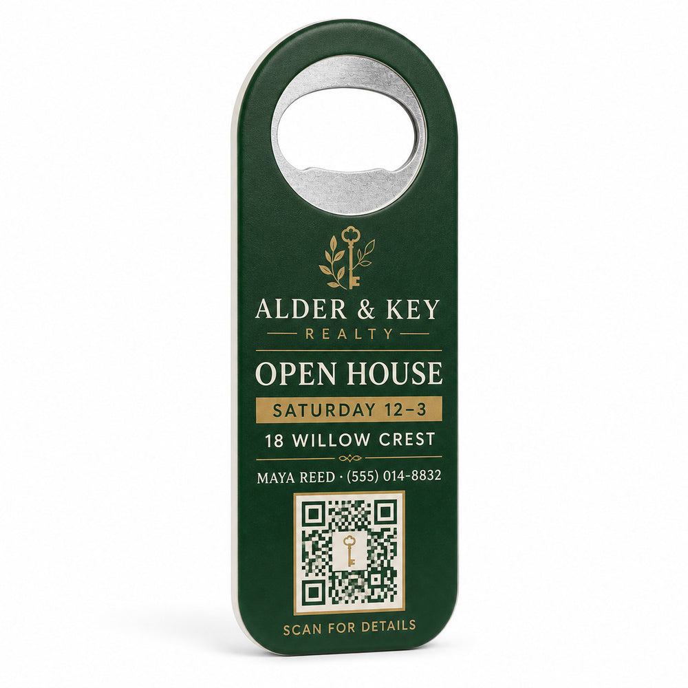 Open House QR custom logo bottle opener magnet - front view of the printed promotional magnet