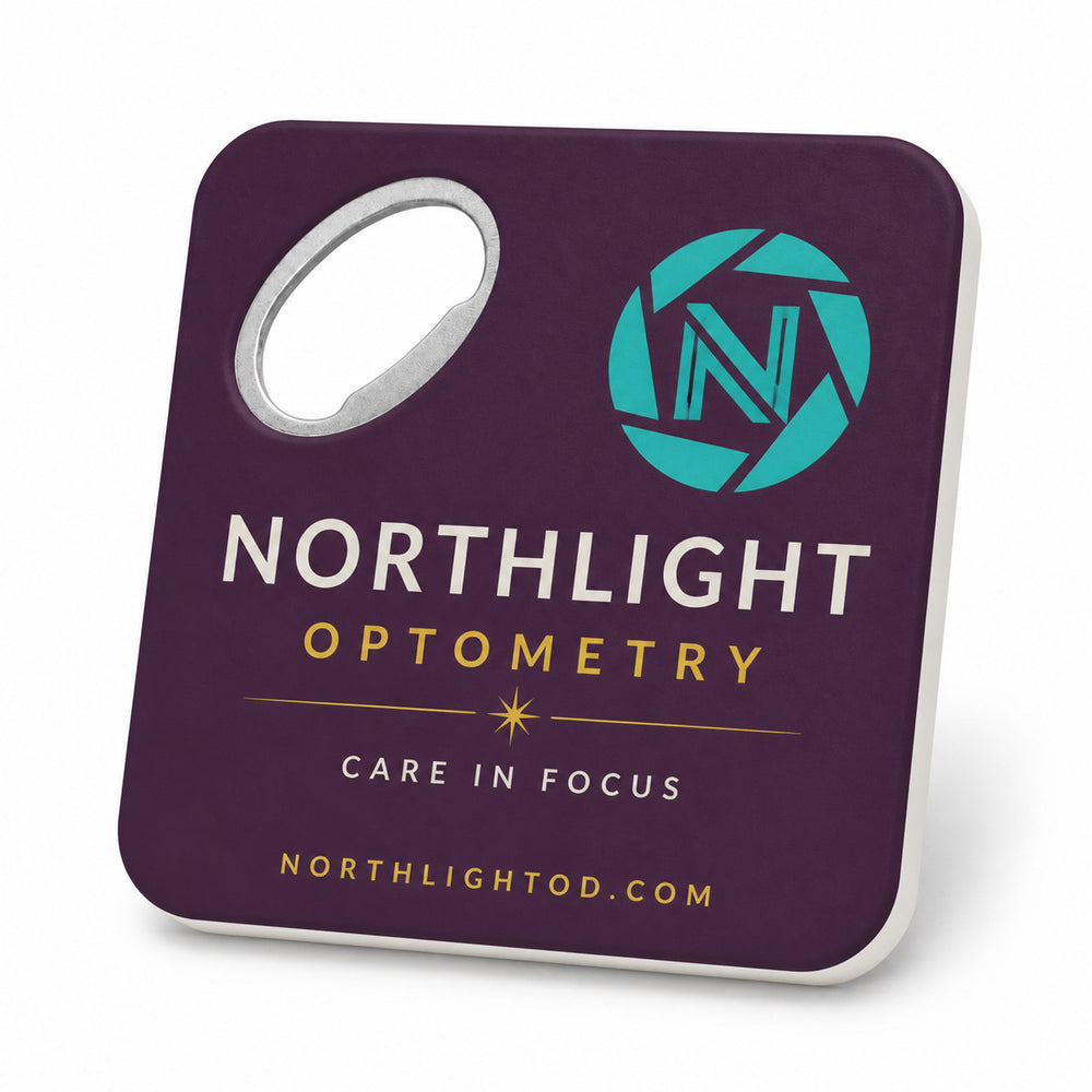 Optometry Practice custom logo bottle opener magnet - front view of the printed promotional magnet