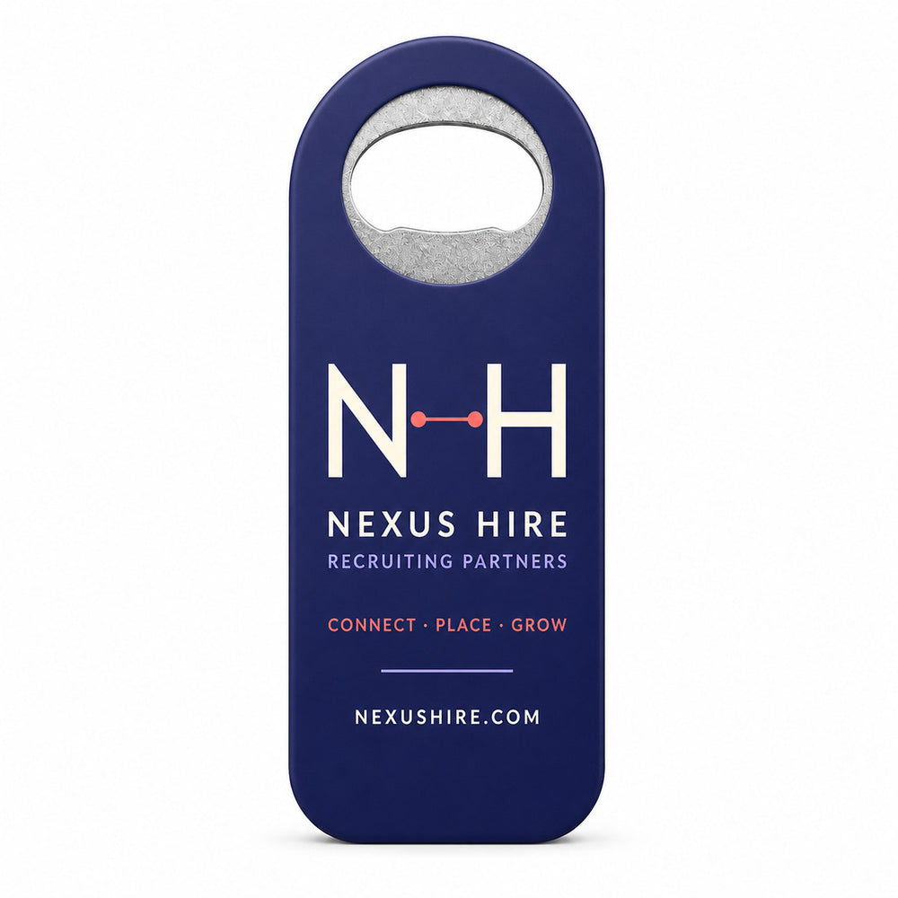 Recruiting Agency custom logo bottle opener magnet - front view of the printed promotional magnet