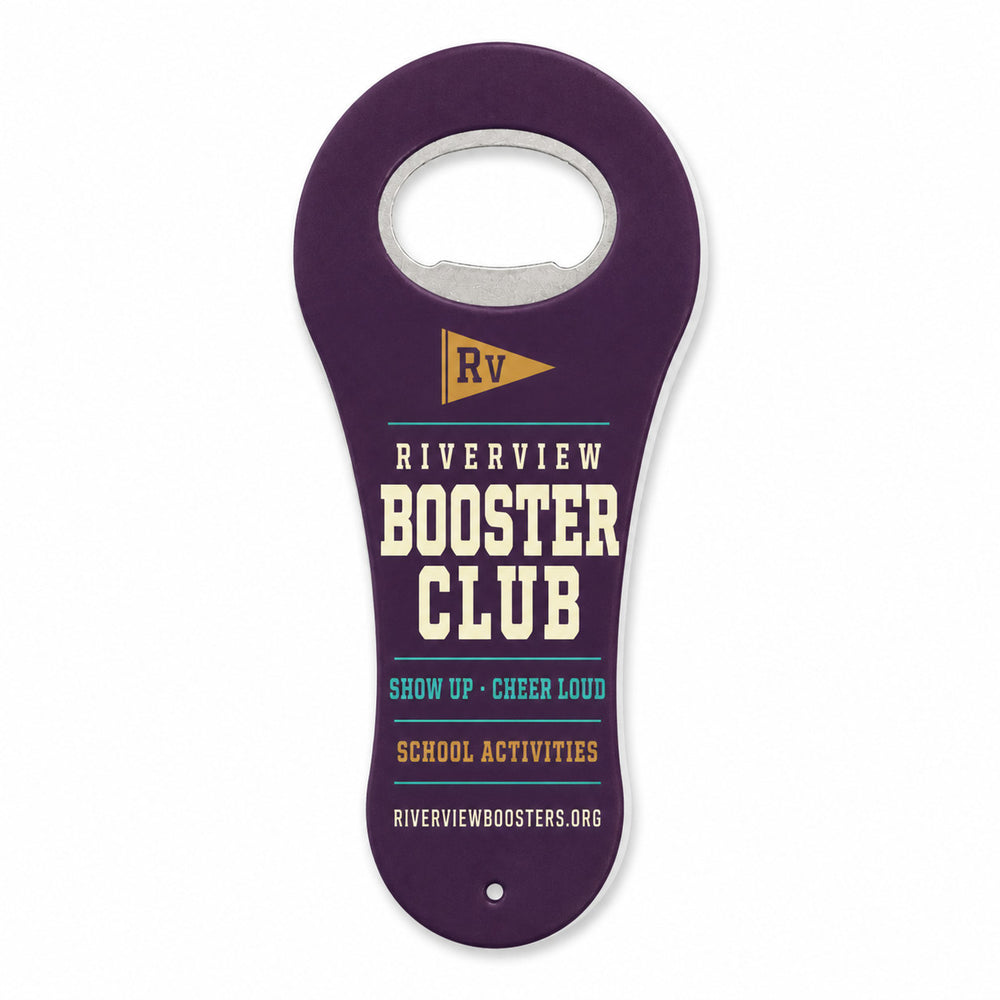School Booster Club custom logo bottle opener magnet - front view of the printed promotional magnet