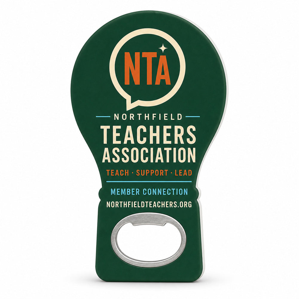 Teachers Association custom logo bottle opener magnet - front view of the printed promotional magnet