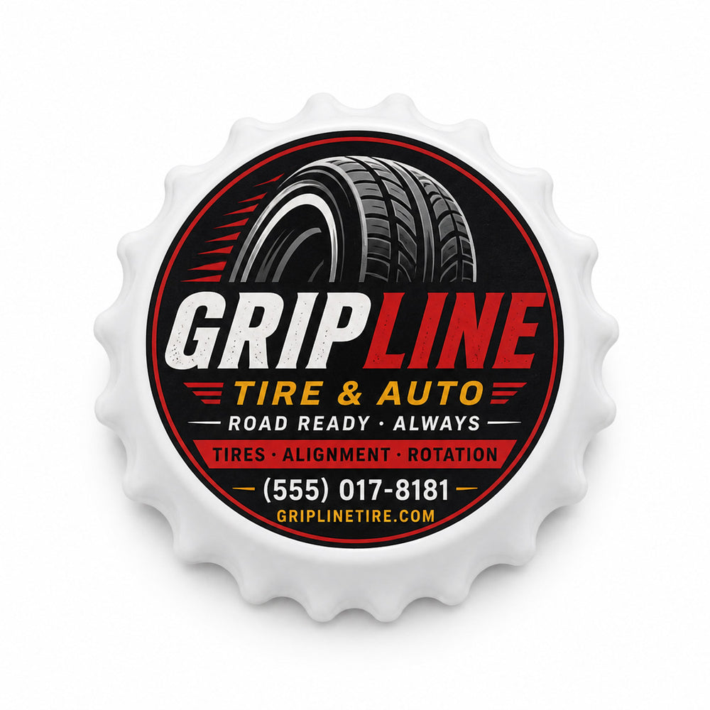 Tire Shop custom logo bottle opener magnet - front view of the printed promotional magnet