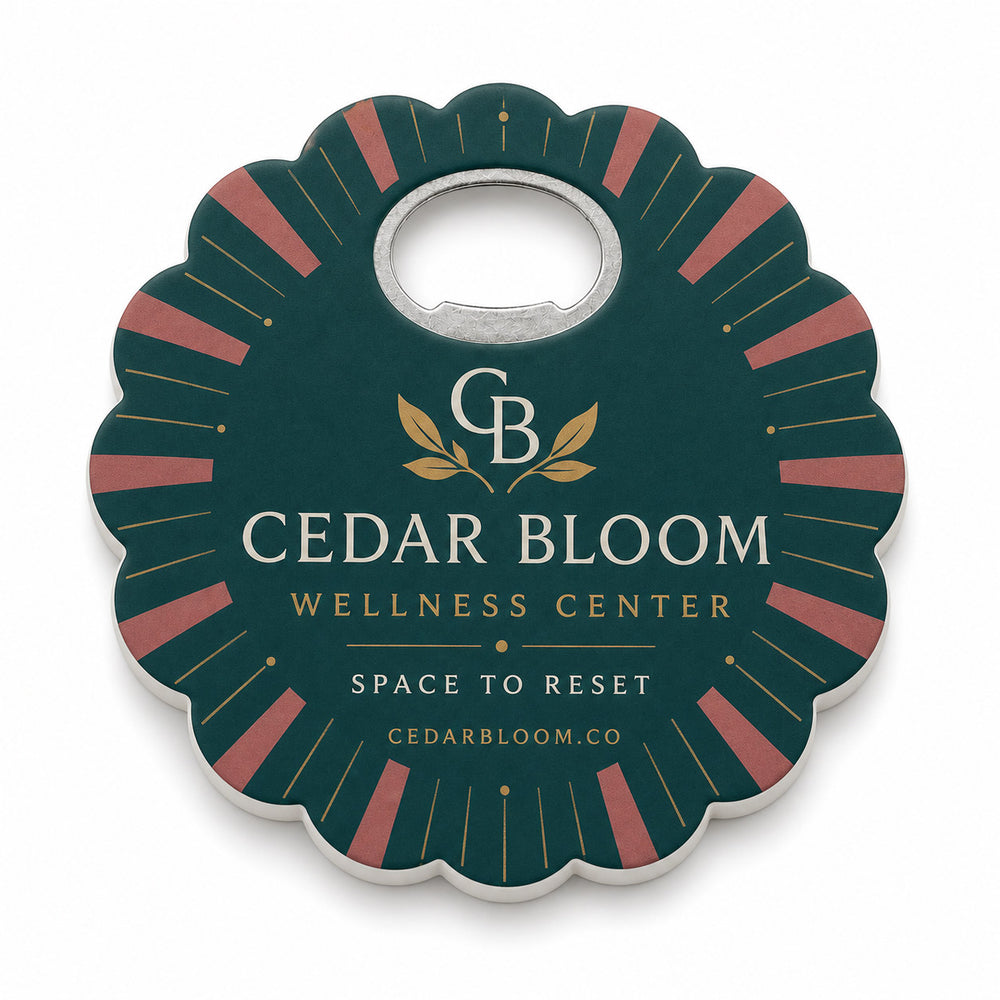 Wellness Center custom logo bottle opener magnet - front view of the printed promotional magnet
