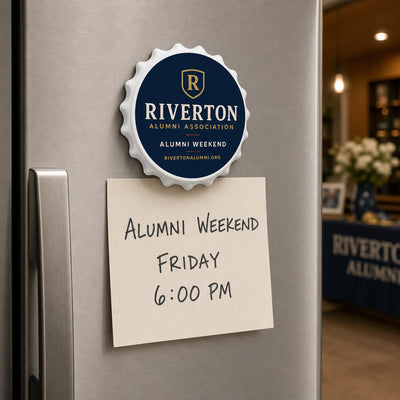 Alumni Event custom logo bottle opener magnet - held on a refrigerator door by its magnetic back
