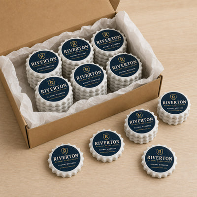 Alumni Event custom logo bottle opener magnet - bulk order laid out before packing