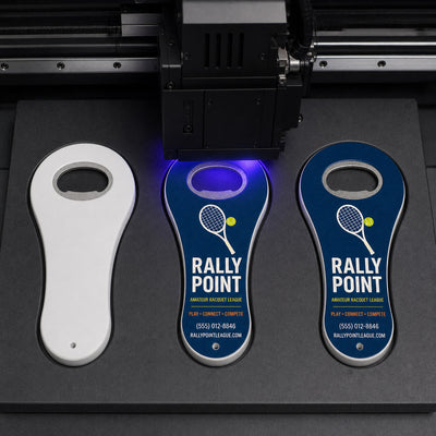 Amateur Sports League custom logo bottle opener magnet - close-up of the UV printed logo