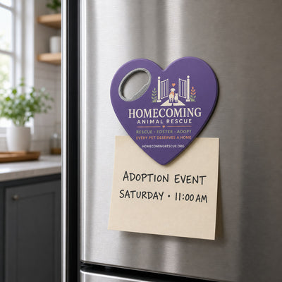 Animal Rescue custom logo bottle opener magnet - kept on a refrigerator door as a reminder