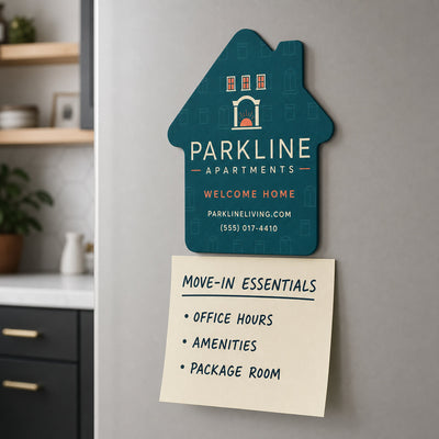 Apartment Move-In custom logo bottle opener magnet - held on a refrigerator door by its magnetic back