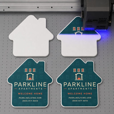 Apartment Move-In custom logo bottle opener magnet - close-up of the UV printed logo