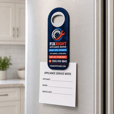 Appliance Repair custom logo bottle opener magnet - held on a refrigerator door by its magnetic back
