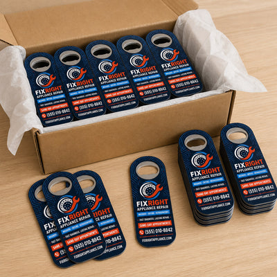 Appliance Repair custom logo bottle opener magnet - bulk order laid out before packing