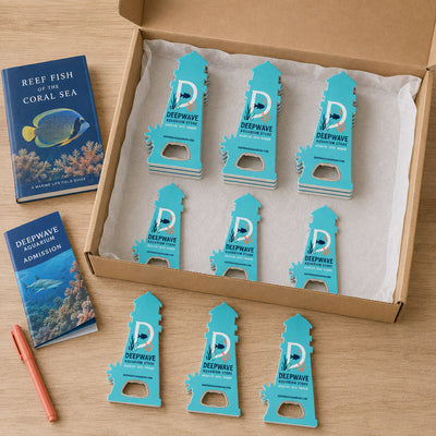 Aquarium Gift Shop custom logo bottle opener magnet - bulk order laid out before packing