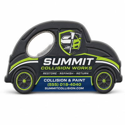 Auto Body Shop custom logo bottle opener magnet - front view of the printed promotional magnet