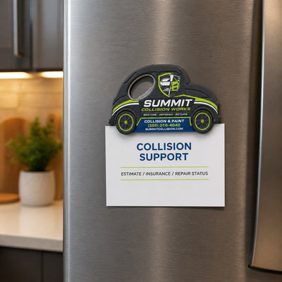 Auto Body Shop custom logo bottle opener magnet - held on a refrigerator door by its magnetic back