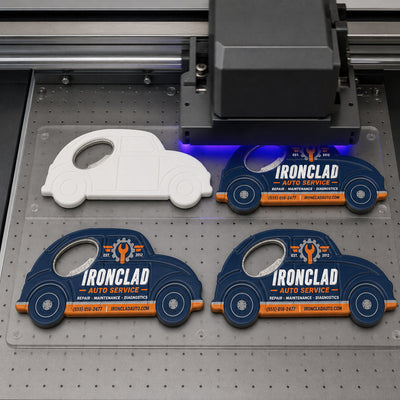 Auto Repair Shop custom logo bottle opener magnet - close-up of the UV printed logo