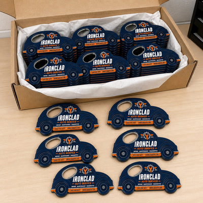 Auto Repair Shop custom logo bottle opener magnet - bulk order laid out before packing