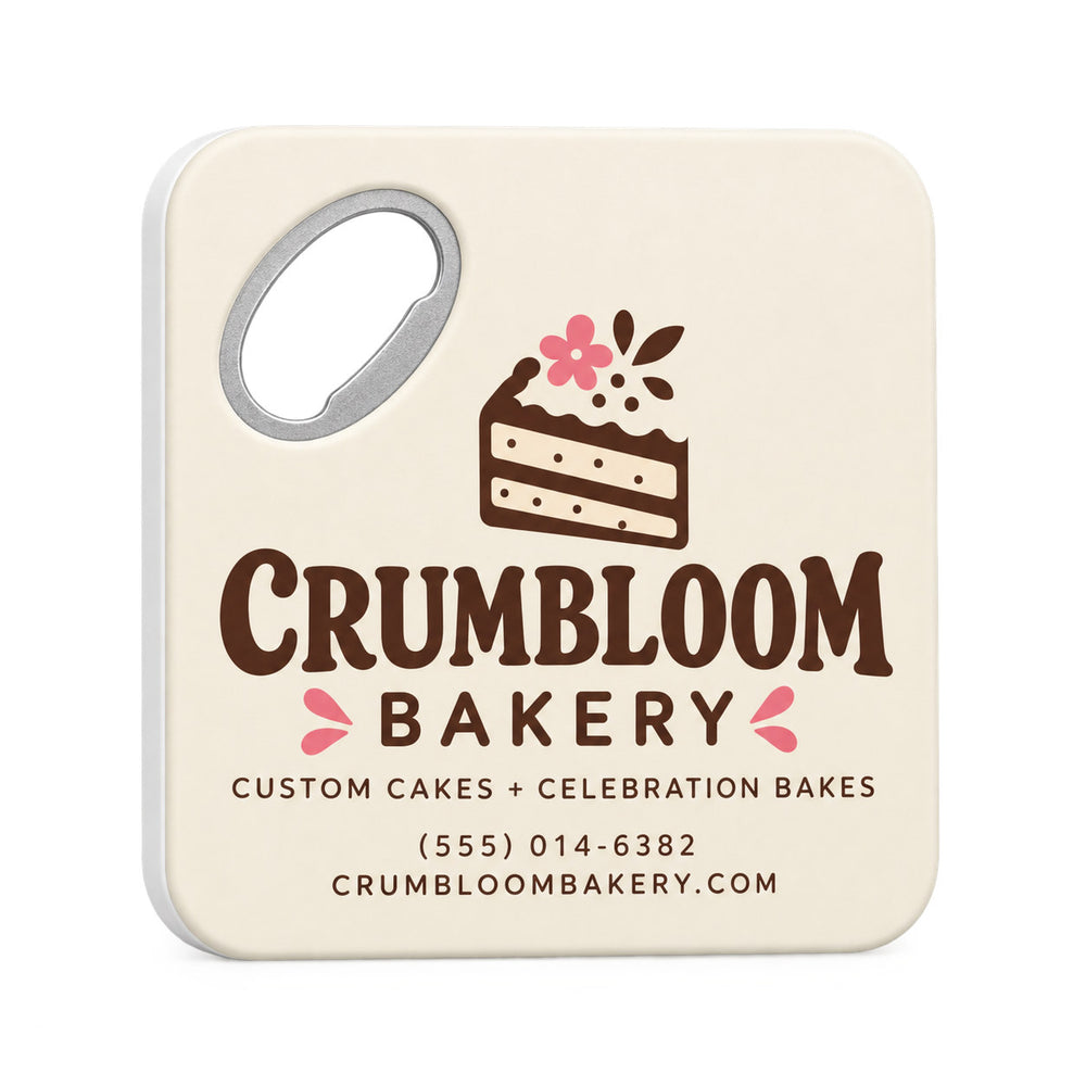 Bakery Logo custom logo bottle opener magnet - front view of the printed promotional magnet