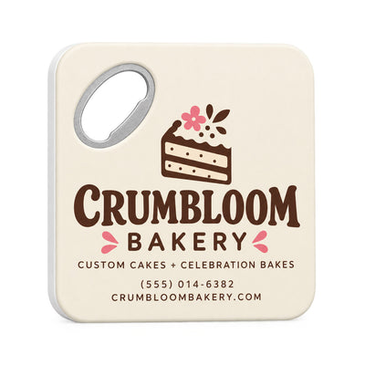 Bakery Logo custom logo bottle opener magnet - front view of the printed promotional magnet