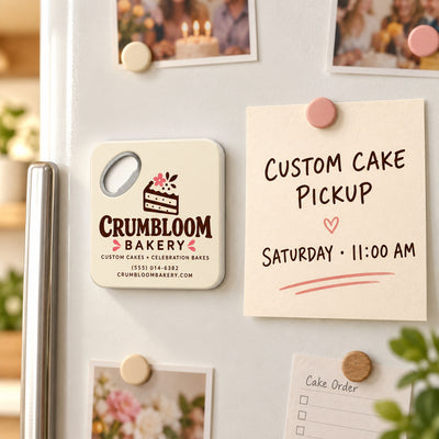 Bakery Logo custom logo bottle opener magnet - held on a refrigerator door by its magnetic back
