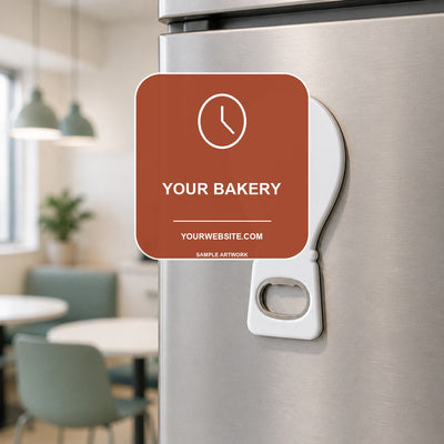 Bakery Logo Bottle Opener Magnets — lifestyle product mockup