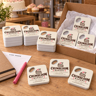 Bakery Logo custom logo bottle opener magnet - bulk order laid out before packing