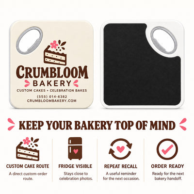 Bakery Logo custom logo bottle opener magnet - front and back of the opener magnet