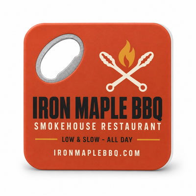 Barbecue Restaurant custom logo bottle opener magnet - front view of the printed promotional magnet