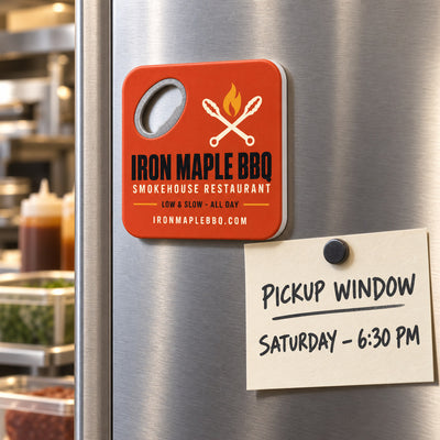 Barbecue Restaurant custom logo bottle opener magnet - held on a refrigerator door by its magnetic back