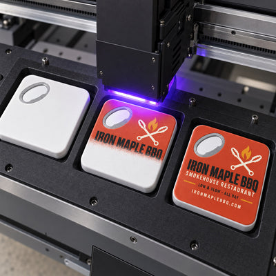 Barbecue Restaurant custom logo bottle opener magnet - close-up of the UV printed logo