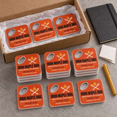 Barbecue Restaurant custom logo bottle opener magnet - bulk order laid out before packing