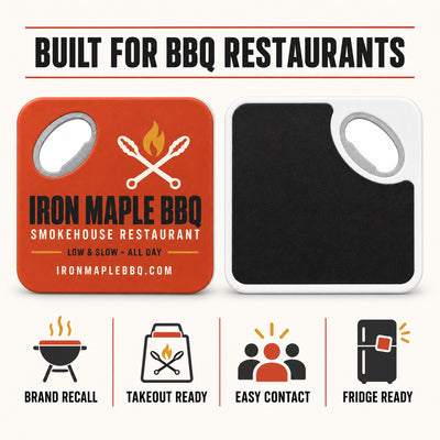 Barbecue Restaurant custom logo bottle opener magnet - front and back of the opener magnet