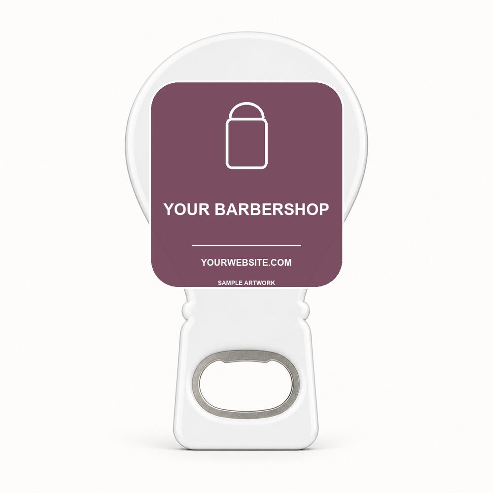 Barbershop Logo Bottle Opener Magnets — sample front artwork