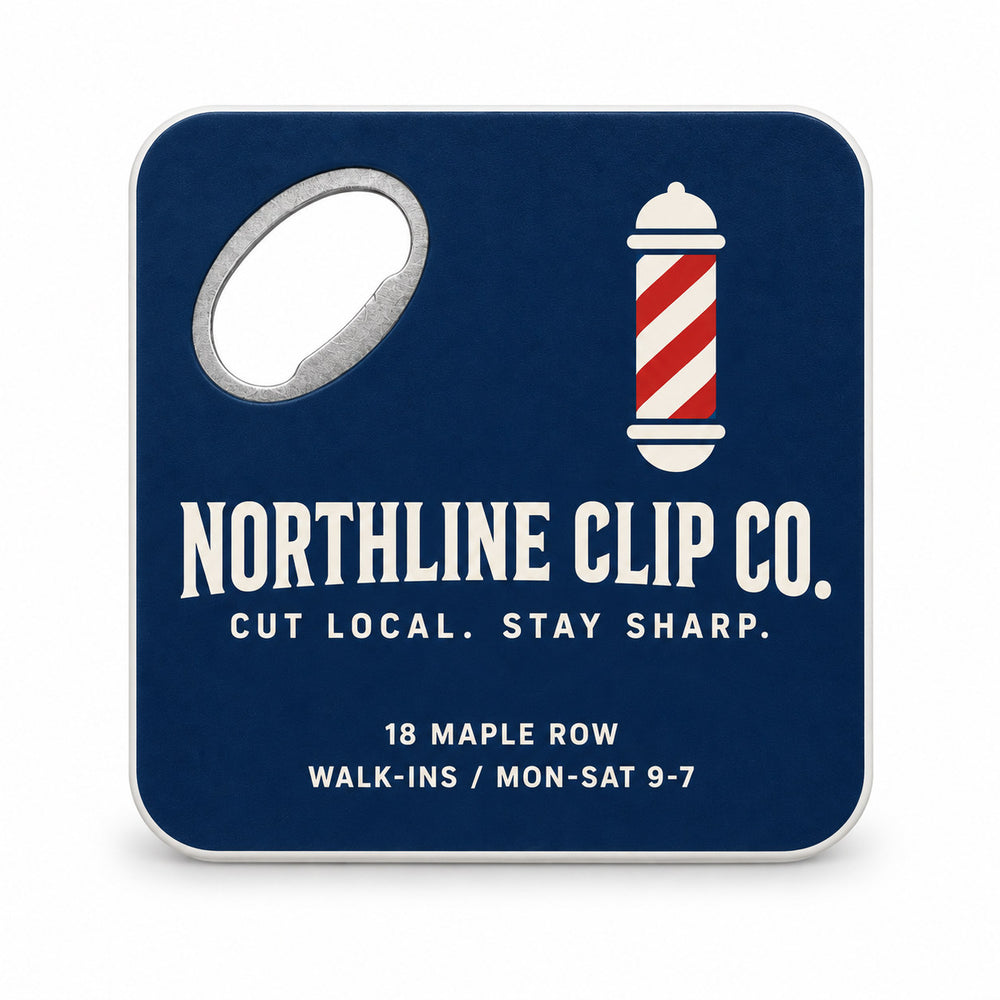 Barbershop Logo custom logo bottle opener magnet - front view of the printed promotional magnet