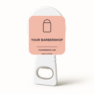 Barbershop Logo Bottle Opener Magnets — alternate branded layout
