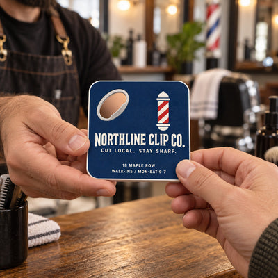 Barbershop Logo custom logo bottle opener magnet - handed to a customer