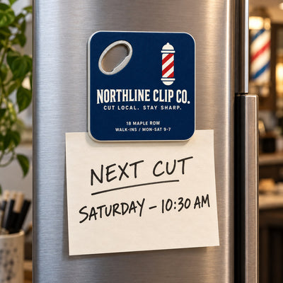Barbershop Logo custom logo bottle opener magnet - held on a refrigerator door by its magnetic back